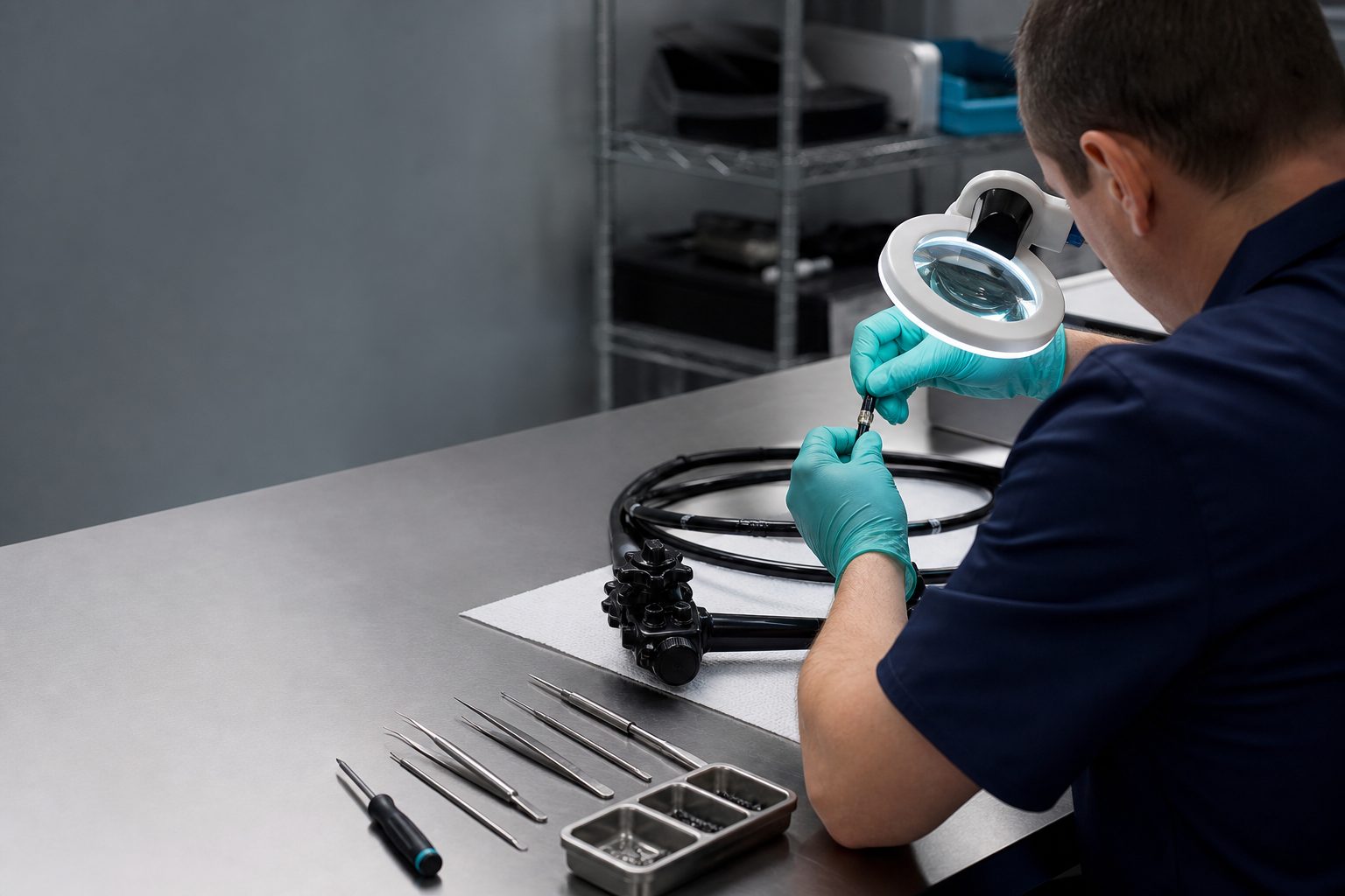 Technician inspecting a flexible endoscope insertion tube under task lighting at a scope repair bench
