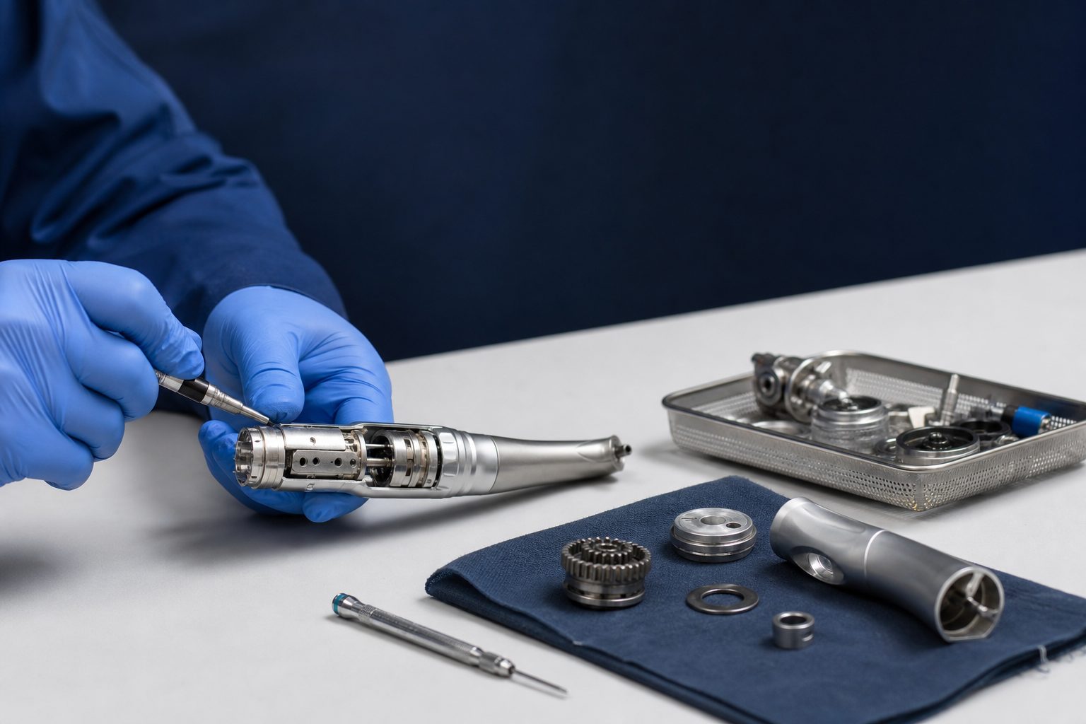 Surgical power equipment repair bench with a drill handpiece disassembled for bearing service
