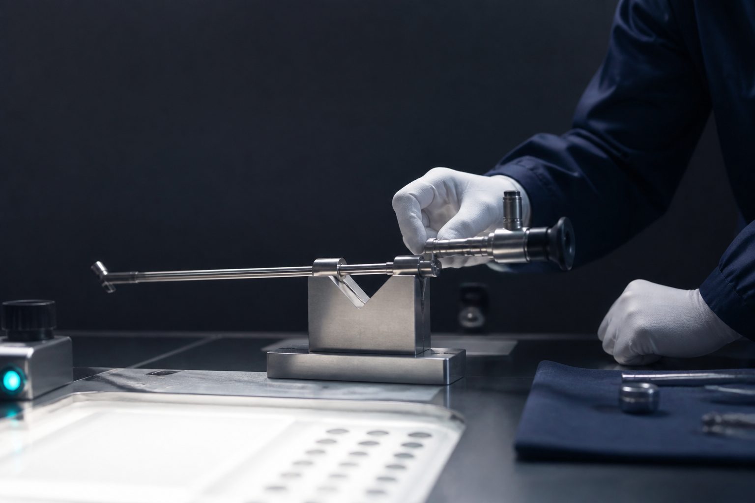Rigid endoscope repair bench with a surgical telescope under optical inspection