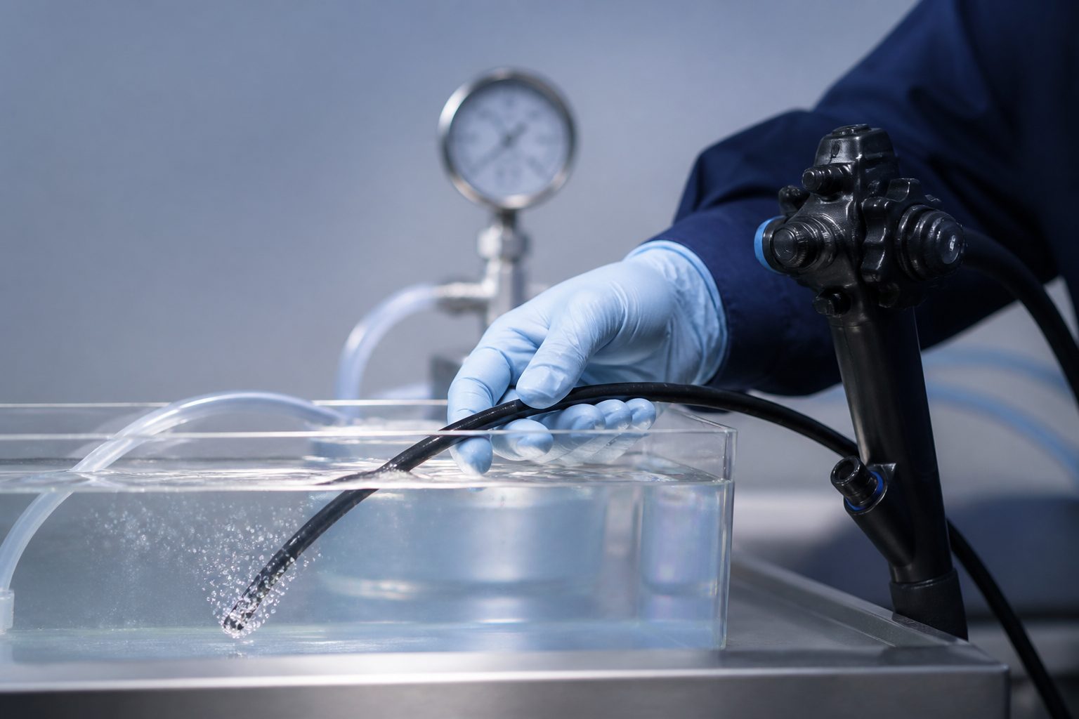 Technician performing endoscope leak testing on a flexible scope with a pressure tester at a repair bench