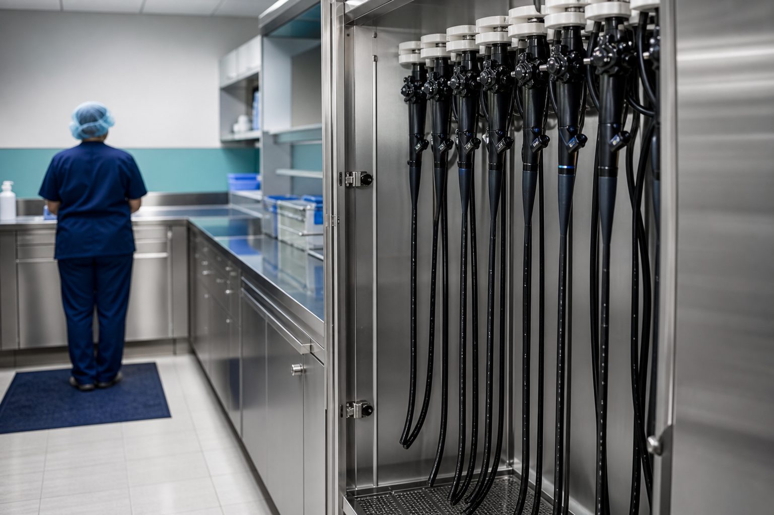 Flexible endoscopes hanging in an open stainless drying and storage cabinet in a sterile processing department