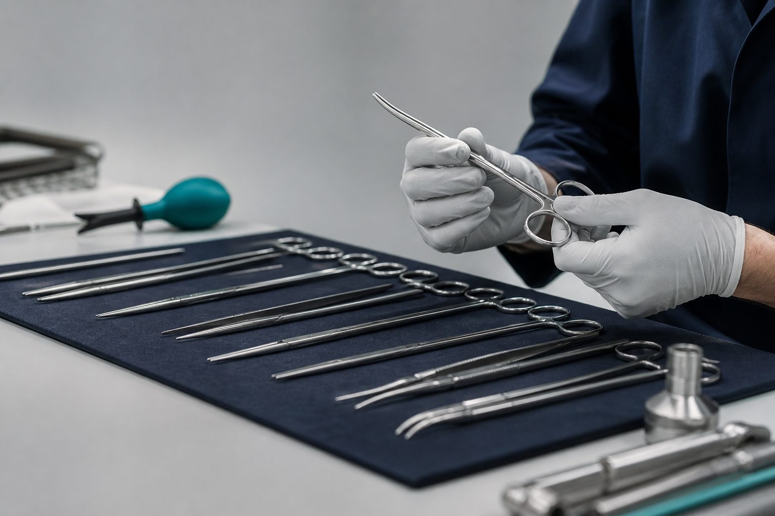 Surgical instrument repair bench with scissors and needle holders laid out for sharpening